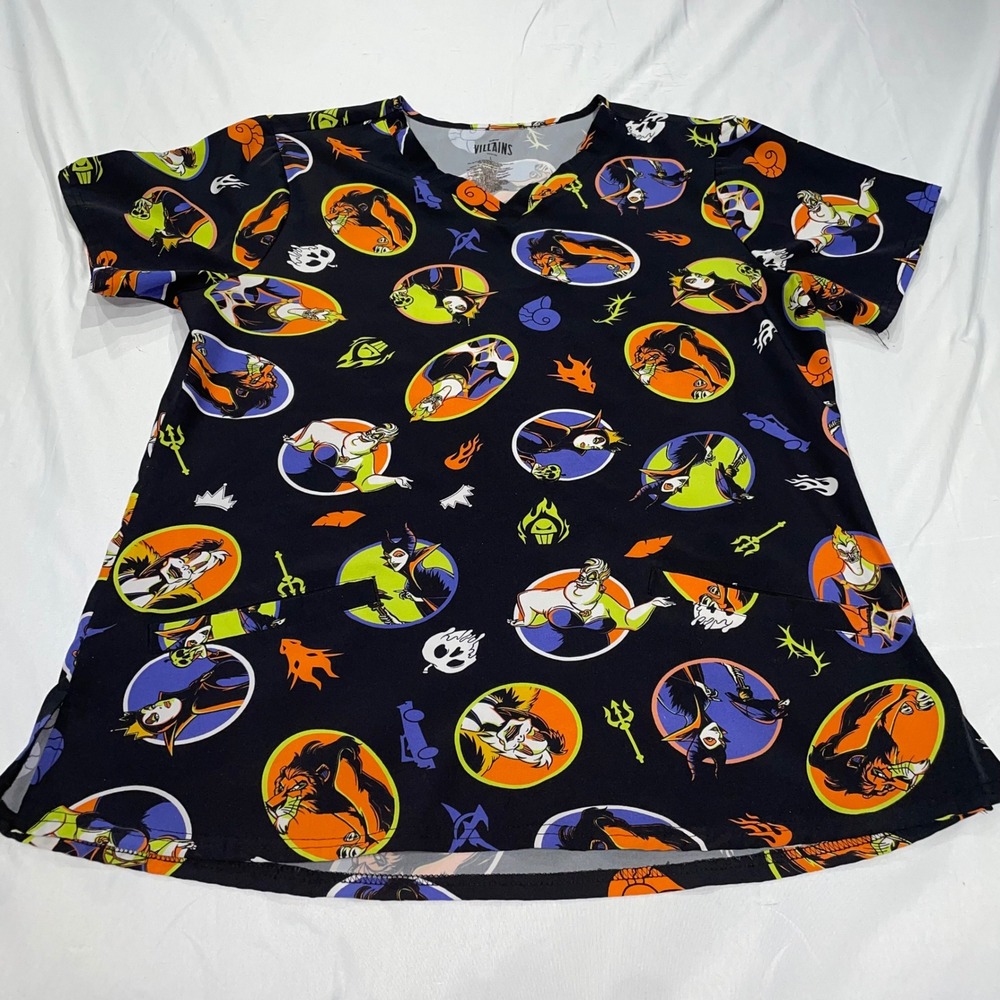Disney Villains Scrub Top Womens Large Black Ursula Maleficent Scar Hades V-Neck